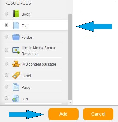 Add resources menu with a blue arrow pointing at file and a blue arrow pointing to add