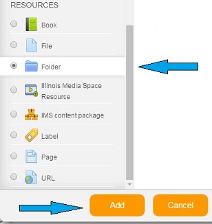 Folder Add screen with blue arrows pointing at folder and add