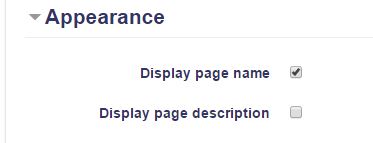 Page Appearance section with display page name selected and display page description not selected