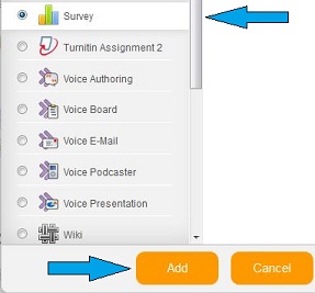 Add activity screen with blue arrow pointing at survey and at add