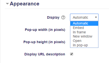 URL Appearance section