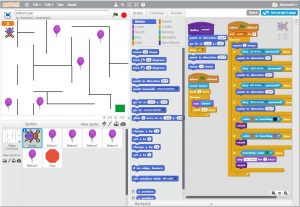 An image of a simple (and very clunky!) maze game I made for one of my classes using Scratch. 