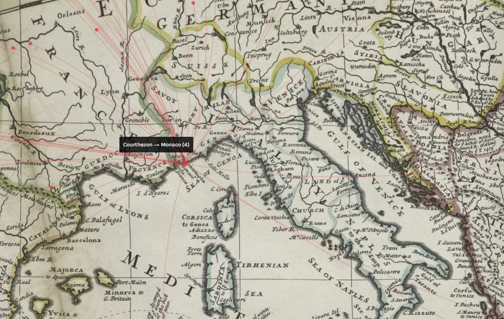Same red lines across map as above, but image of map itself is a historical map