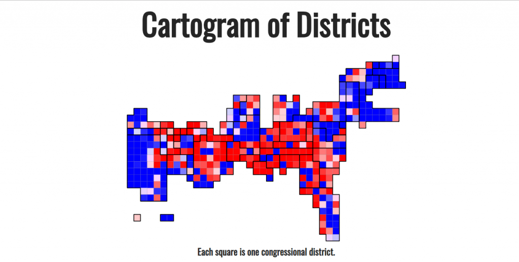 Map of election districts colored red or blue based on predicted 2018 midterm election outcome
