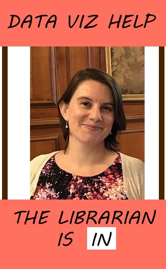 A headshot of Megan Ozeran with a border above her reading Data Viz Help and a banner below that reads The Librarian is In