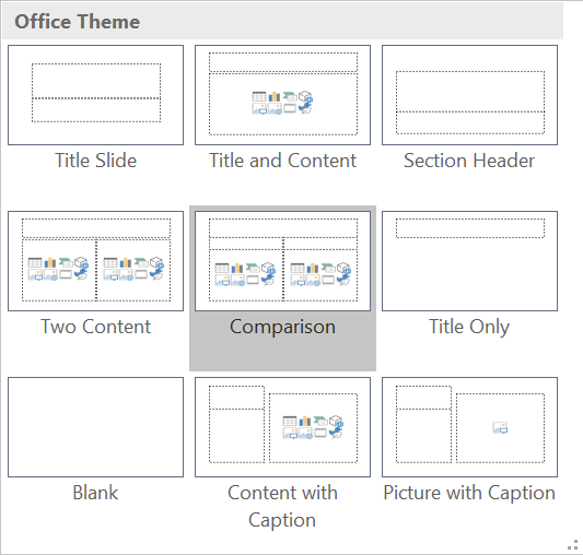Screenshot of office theme slide designs in MS PowerPoint.