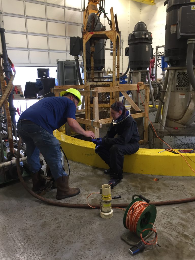 Large groundwater pumps are encircled by a yellow curb indoors. One person sits on the curb in an old-school diver's uniform, while a crouched worker gives instructions nearby.