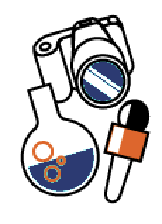 illustration of camera, chemistry beaker, and microphone