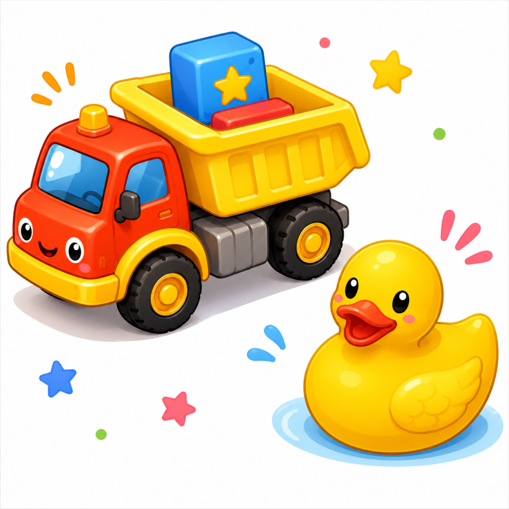 A colorful cartoon illustration of a smiling red-and-yellow toy dump truck carrying blocks beside a cheerful yellow rubber duck, surrounded by playful stars, dots, and splash marks on a white background.