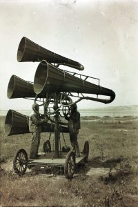 Ear trumpet used during WWI to detect the sound of incoming airplanes.