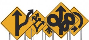 Assortment of unusual confusing road signs over a white background.