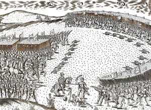 The Battle at Ksar el Kebir, depicting the encirclement of the Portuguese army on the left.