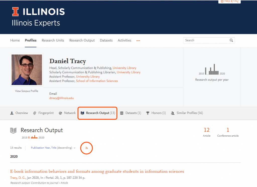 Research output page of a profile on the Experts public portal. An orange box points out the bolded research output tab. An orange circle shows where the RSS icon can be located on the page. It is below the Research Output section title.