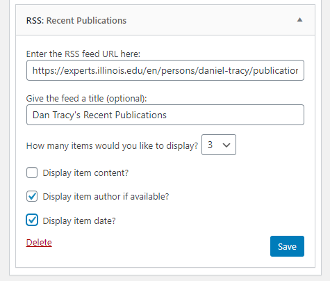 RSS backend with the RSS url from experts pasted in the URL field, the title set, and the Display item author if available? and Display item date? options selected.