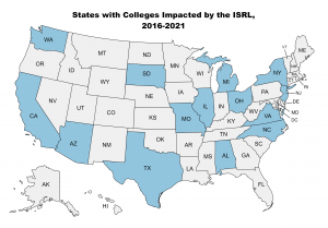 A map showing that institutions in fourteen states have been impacted by the ISRL.