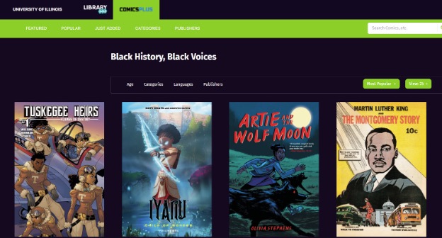 A screen capture of the Comics Plus app featuring their Black History Month selections.