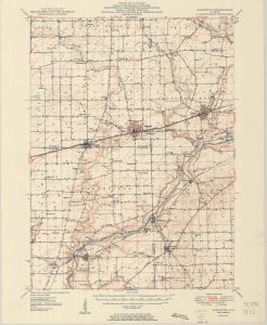 Black and red geological survey map for the area of Sandwich, Illinois. Illustrates physical topography of the area.