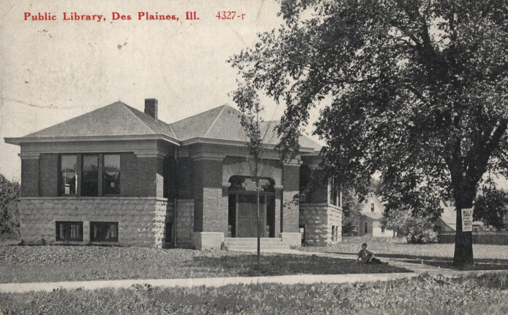 Postcard image of the Des Plaines Public Library in 1916.