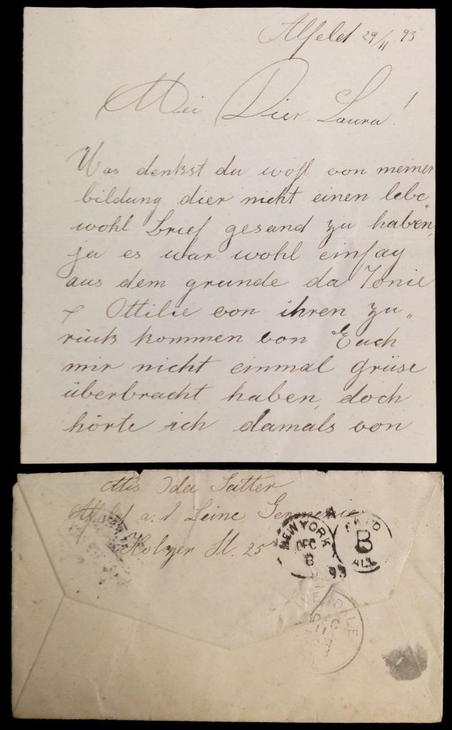 Letter and envelope sent from Mrs. Ida Latter, a friend in Germany, to Laura (Gutmann) Steven in Ivesdale, Illinois, November 29, 1893. 