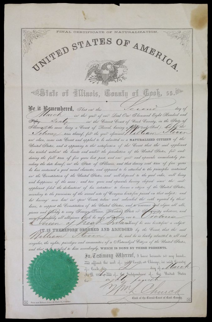 William Steven’s U.S. Naturalization Certificate issued in Cook County, Illinois, 1860.