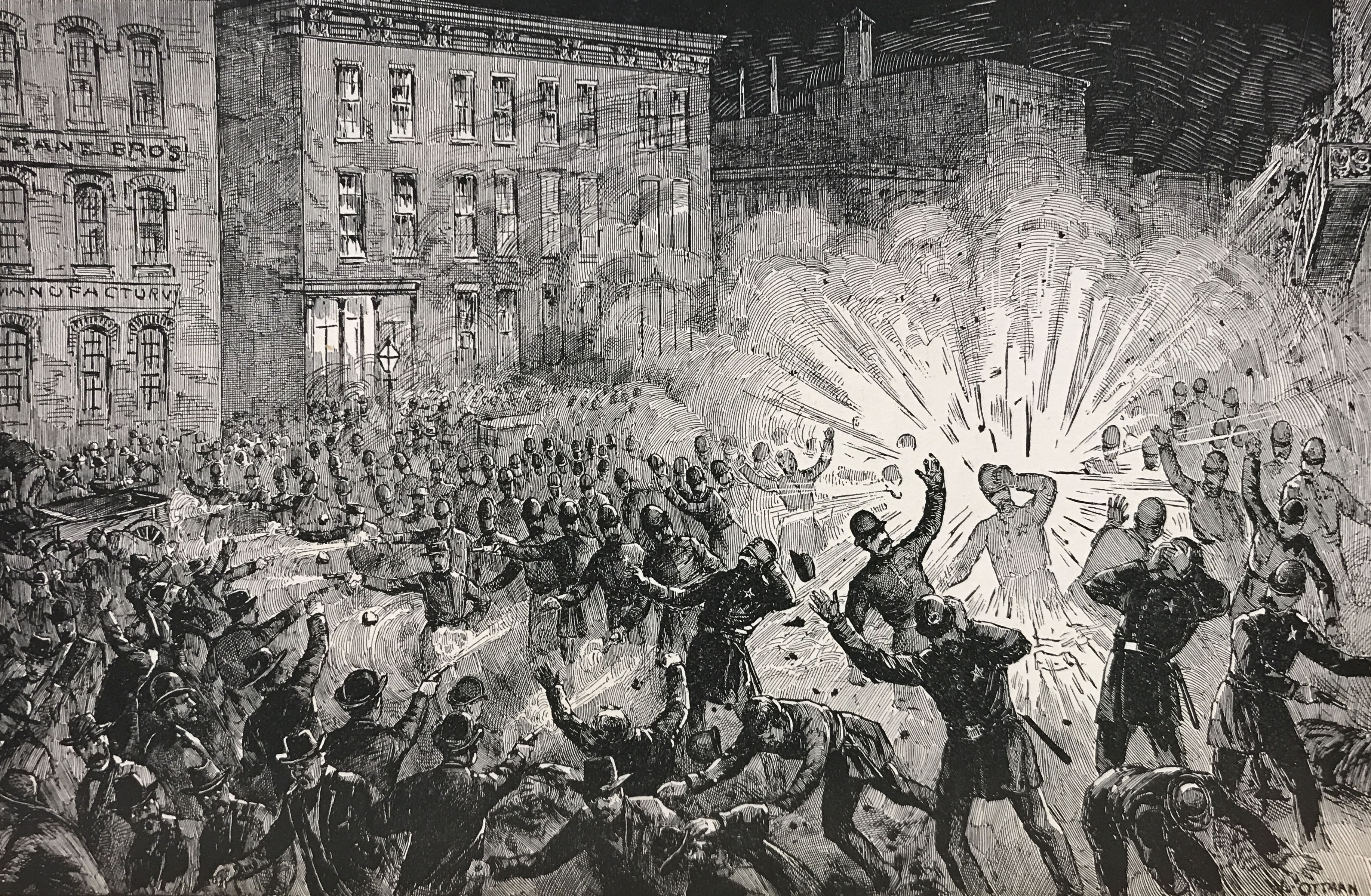 Illustration of the scene in Haymarket Square as the bomb exploded.