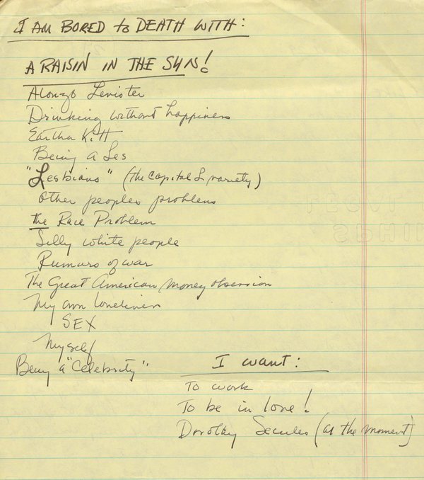 Hansberry's list of things she was bored with and things she wanted. Image courtesy of the Schomburg Center for Research in Black Culture, the New York Public Library.