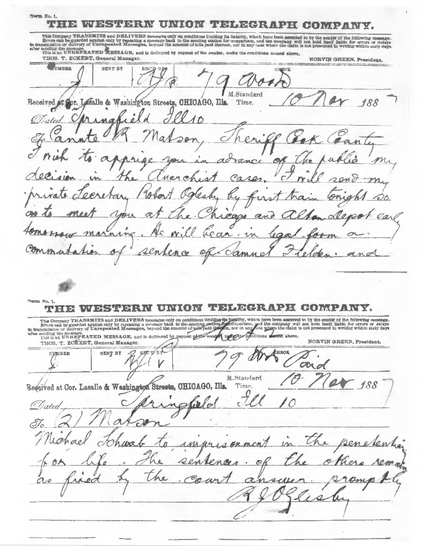Telegraph from Illinois Governor Richard J. Oglesby to Cook County Sheriff Canute R. Matson, November 10, 1887.