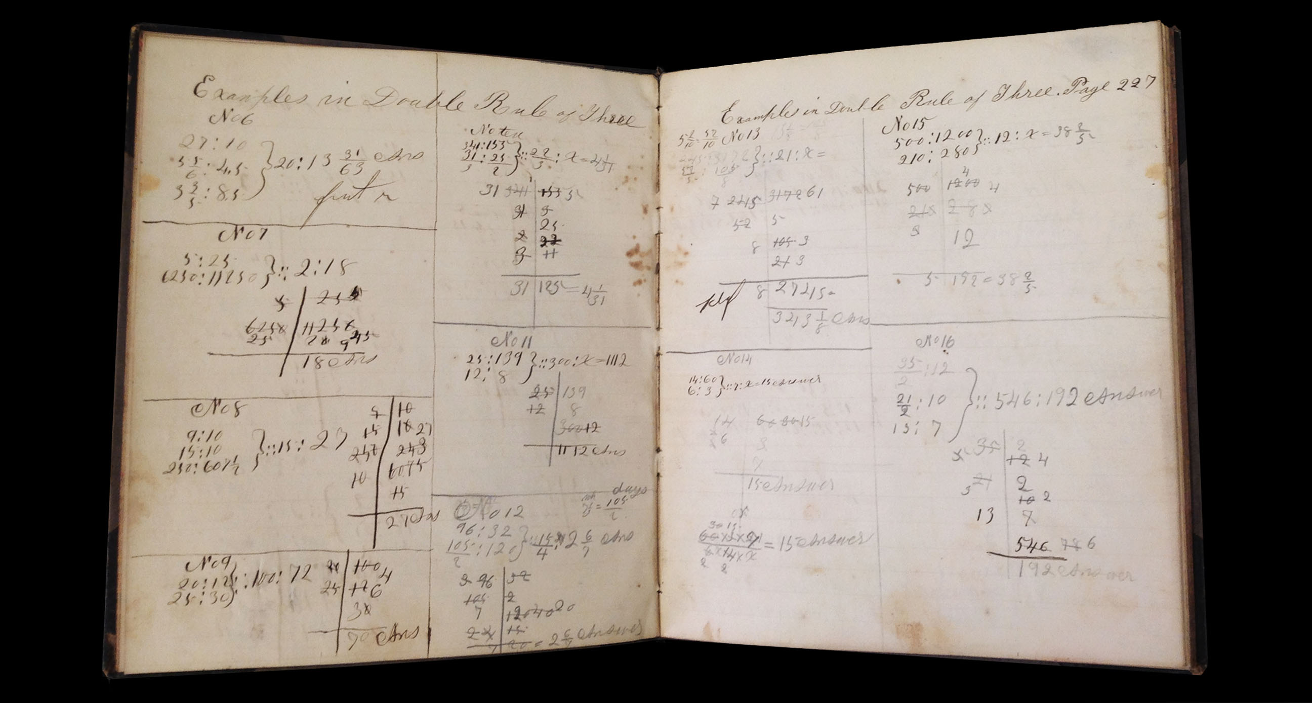 Selected interior pages from Sarah B. Leverett's school notebook, 1857-1858.
