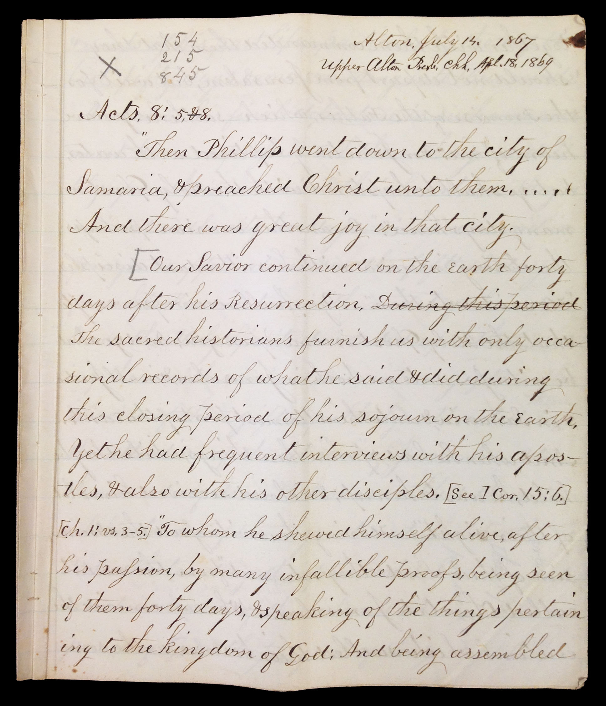 First page of Washington Leverett's sermon on Acts 8: 5-8, 1867.