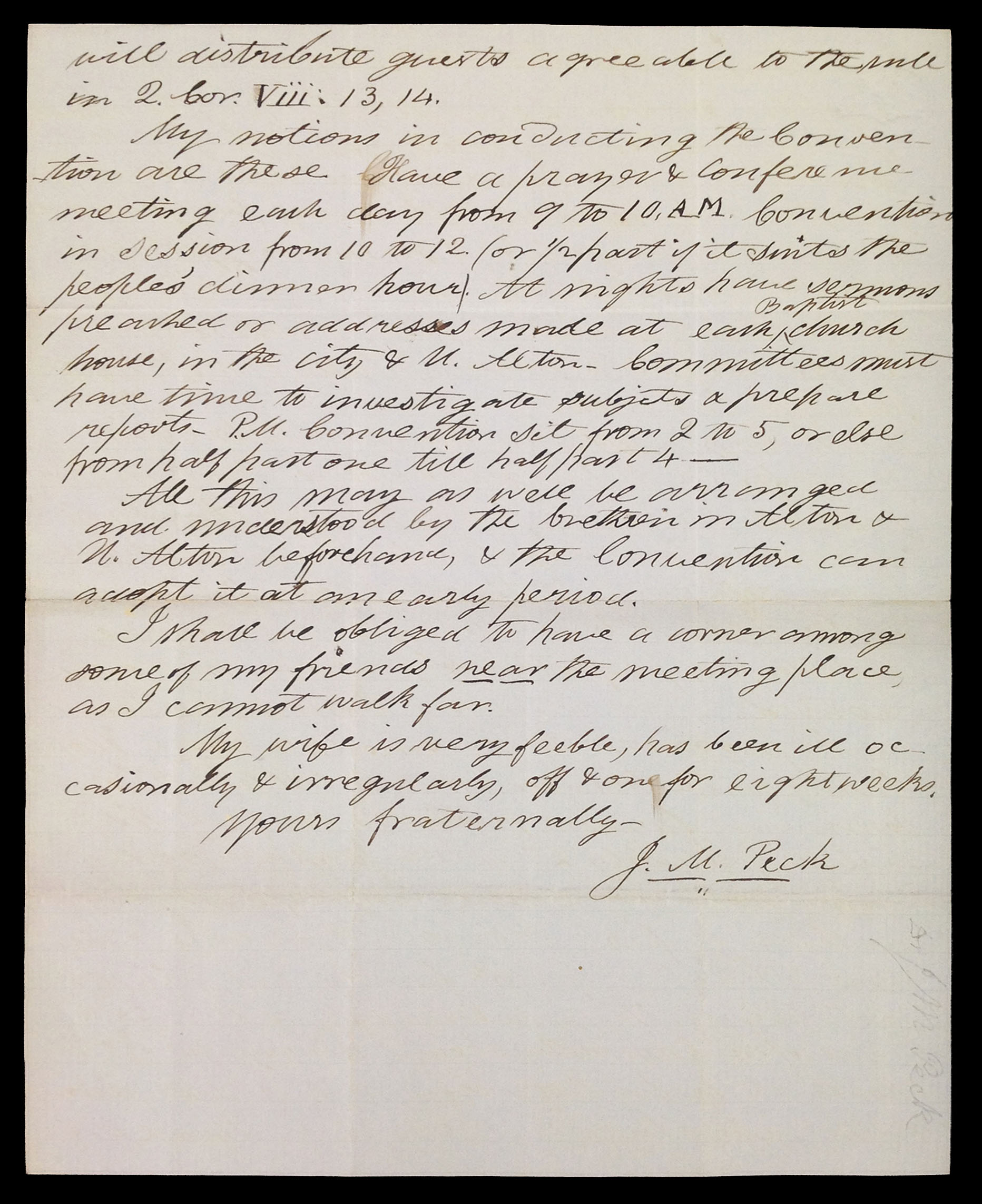 Letter from John Mason Peck to Warren Leverett, 1856.