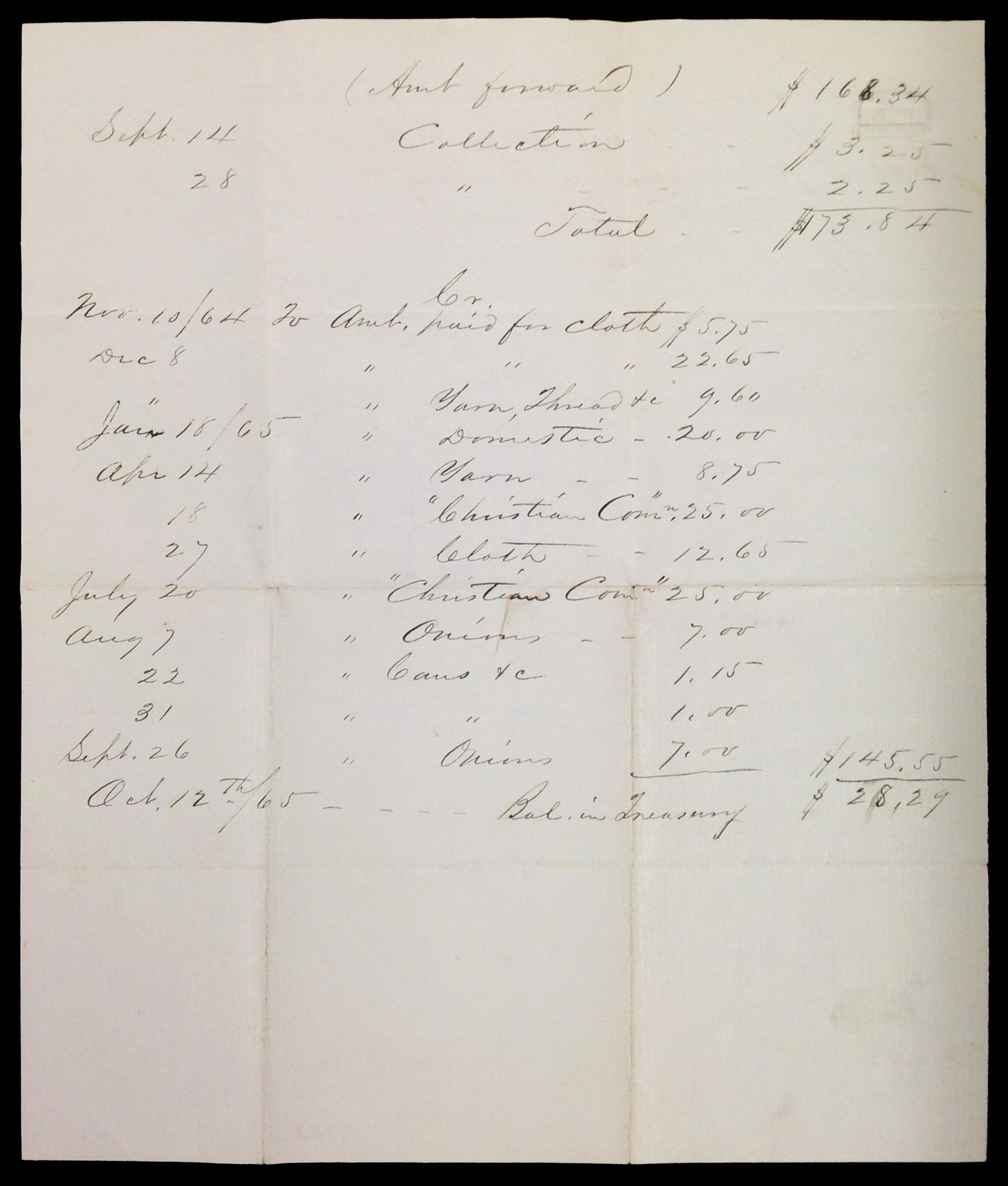 Treasurer's report for the Ladies' Union Aid Society of Upper Alton, 1864-1865.