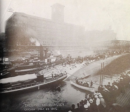 Photograph of the SS Eastland capsized in the Chicago River, July 24, 1915. 