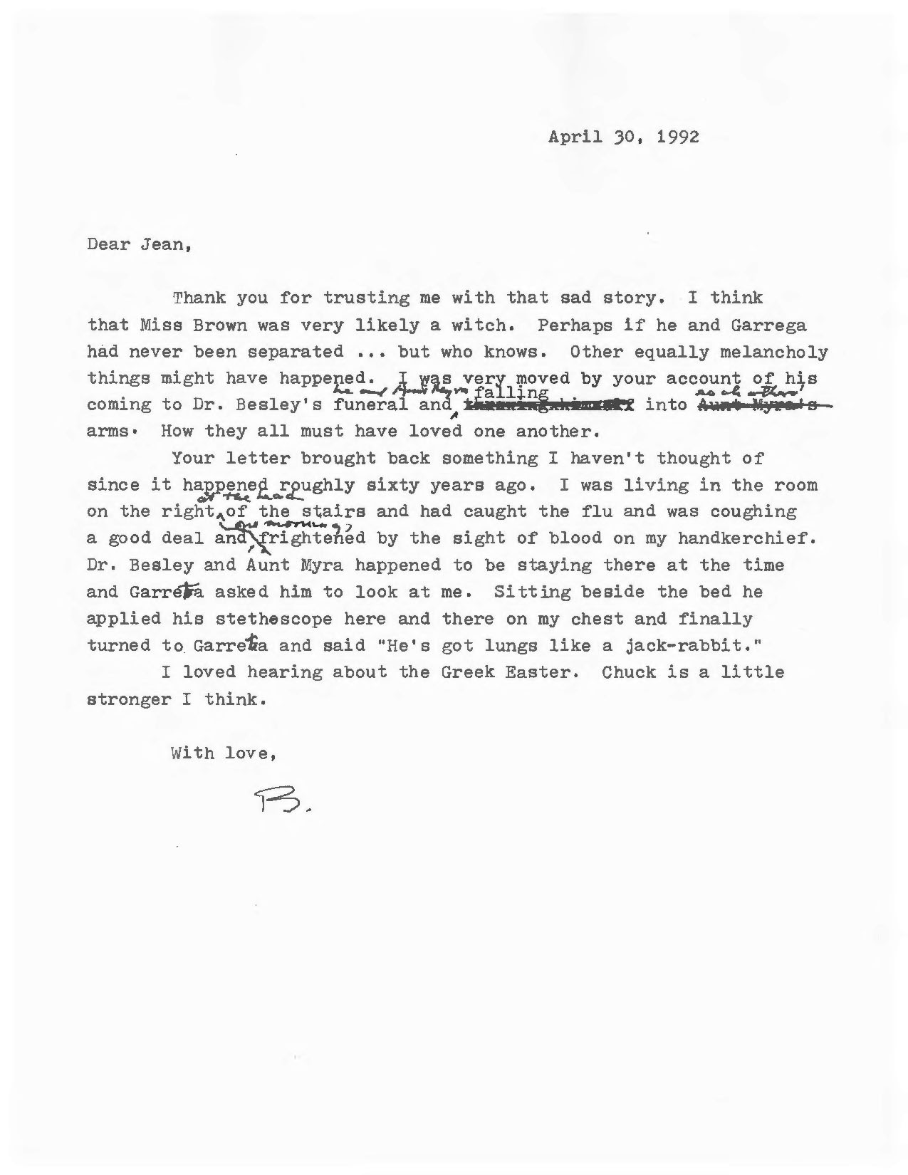 Letter from William Maxwell to regarding 1918 flu pandemic, April 30, 1992. 