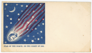 Abraham Lincoln's head as the head of the comet, followed by a red and white comet tail. Background is a blue starry sky with crescent moon. Image is on half of envelope.