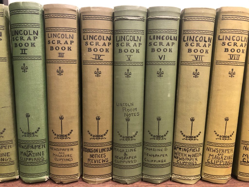 Photo showing the spines of a selection of Lincoln scrapbooks assembled by Henrietta Horner