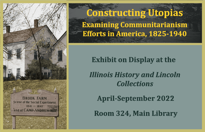 Exhibit flyer featuring house and sign from Brook Farm, the site of a previous communitarian colony. 