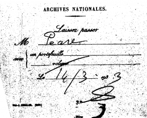 A black-and-white pass for the "Archives nationales" in French, for the surname "Pease"