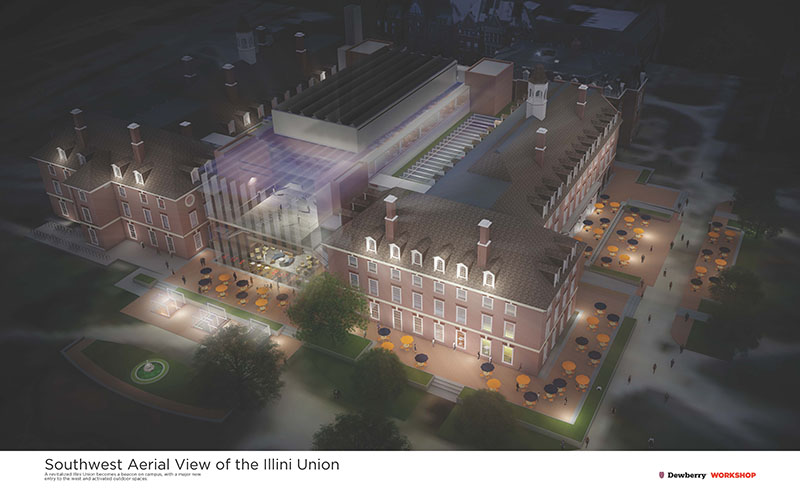 SW aerial view of the Illini Union.
