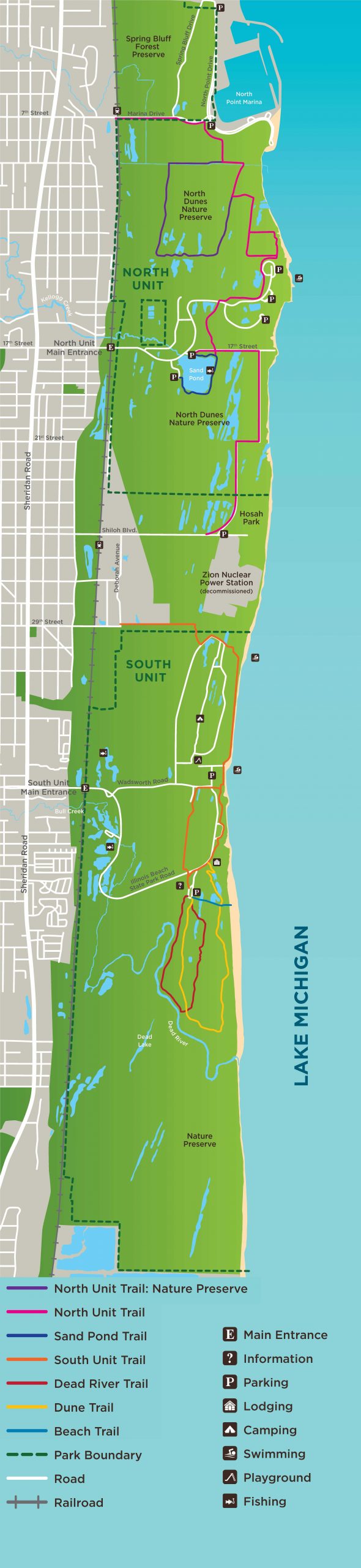 Illinois Beach State Park map showing north and south unit