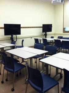 Tables, chairs and monitors in the Flexible Learning Classrooms in Henry Administration Building on the University of Illinois at Urbana-Champaign campus.