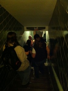 Informal Group on Learning Spaces braves a narrow tunnel passage.