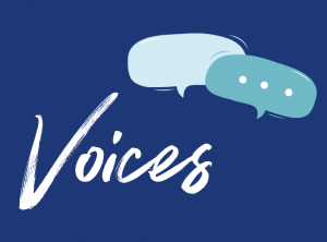 Bright blue background with illustrations of caption bubbles in conversation and the word "Voices" in white script font