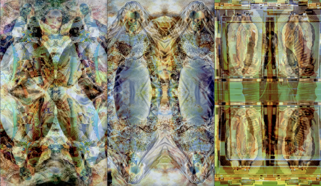 Screen shot from short, looped videos that portray kaleidoscopic, multiplicitous, colorful and layered manipulations of iconic representations of La Malinche (left), La Llorona (center), and La Virgen de Guadalupe (right).