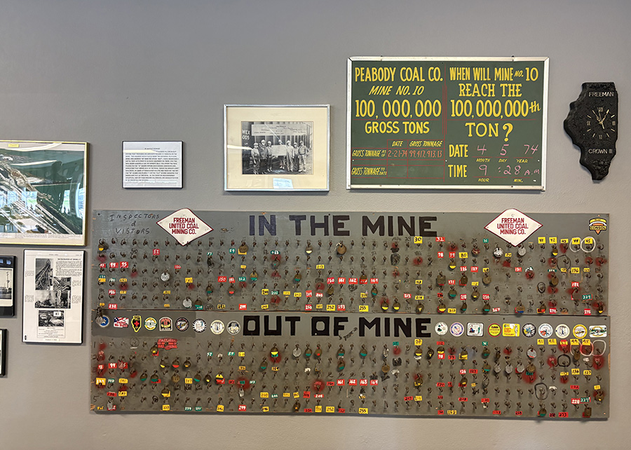 Inside the Christian County Coal Museum: a display of the “In the Mine” “Out of Mine” system, which was used to keep track of specific miners’ whereabouts in case of disaster, as well as to determine who was working at any particular time.