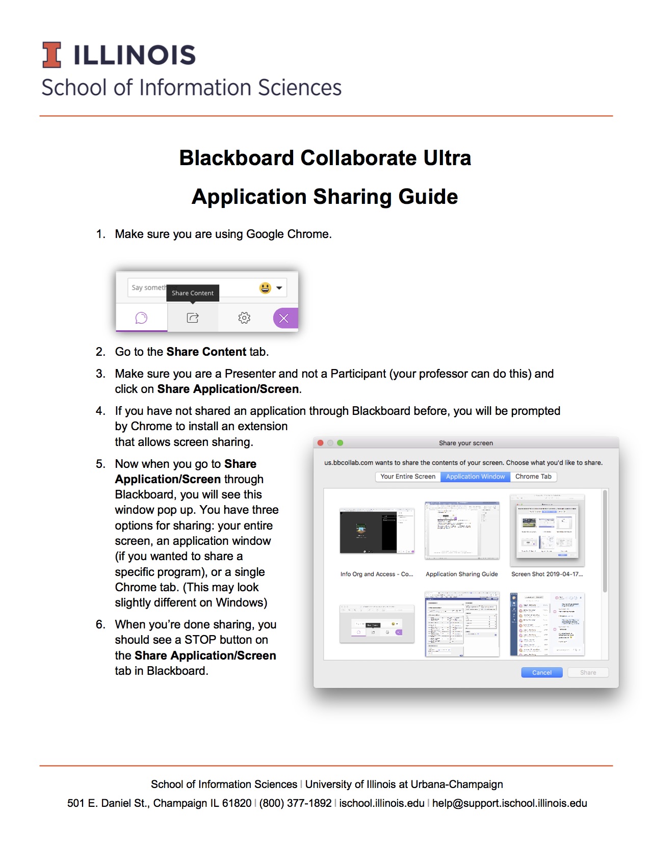 Blackboard Collaborate Ultra Application Sharing Guide: Use BBC on Chrome, go to the share Content tab, click on share application/screen, then select which application to share. 