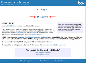 Screenshot of Box with arrows pointing to link called "Sign Up"