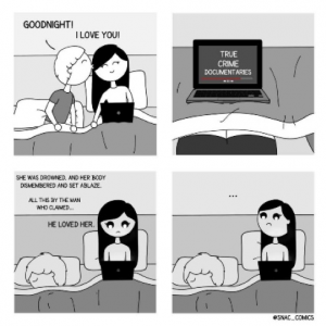 Meme of woman in bed with partner watching true crime