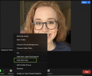 Screenshot of Zoom options and how to hide self view