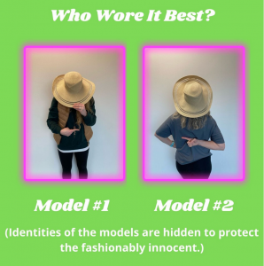Who wore it best? Featured are two models wearing an identical hat.