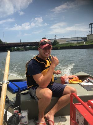 Danny Morrill sits in a boat